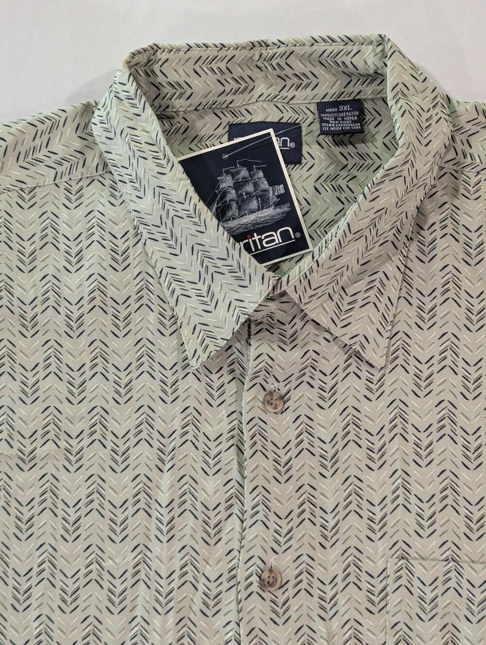 Puritan Shirt Mens 3XL Green Geometric Short Sleeve Button Up Rayon Casual
